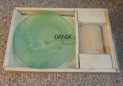 Dansk Tsunami Green Art Glass Pillar Holder with Yellow Candle New Old Stock