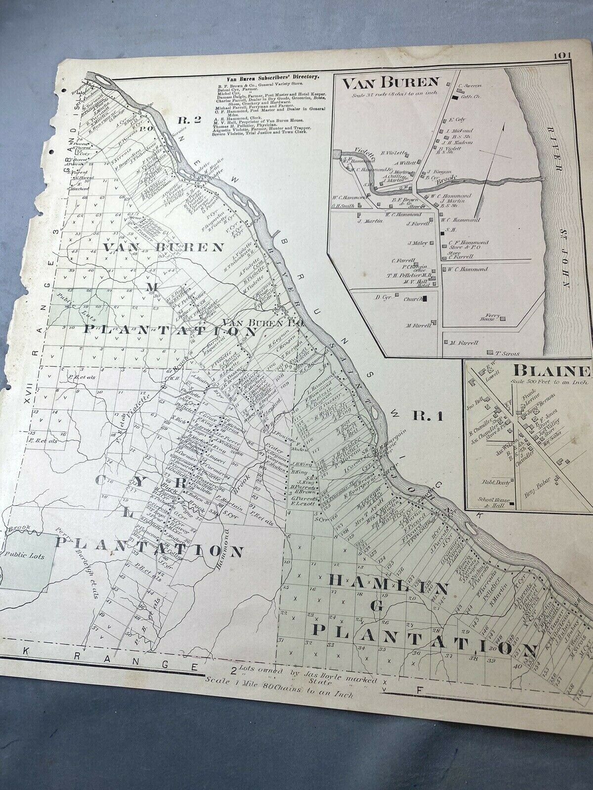 1877 Roe & Colby Maine Map, VAN BUREN, BLAINE, HAMLIN ~ PROPERTY OWNERS LISTED 