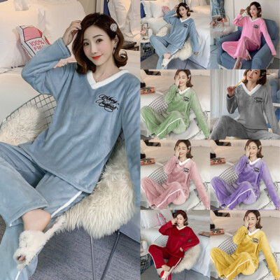 Women's Fleece Pyjamas Set Ladies Winter Warm Sleepwear Nightwear  Loungewear