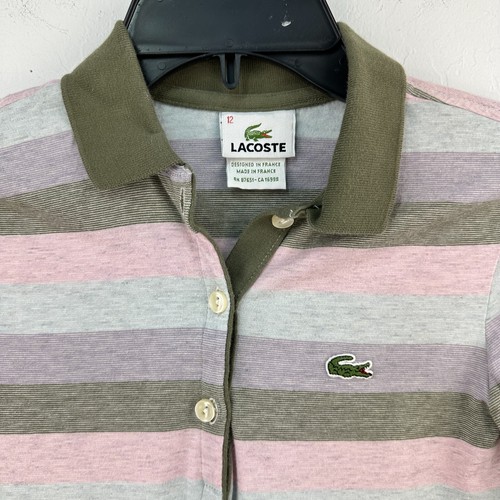 Lacoste Polo Shirt Kids Size 12 Pink Gray Striped 100% Cotton Knit Long Sleeve - Picture 4 of 8