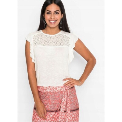 Bodyflirt Tunic with Lace Womens Top Ruffle Short Sleeves Ivory Size 10 12