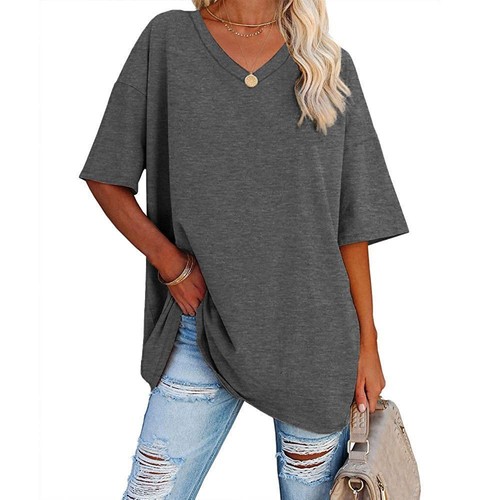 UK Womens V Neck Blouse Summer Casual Baggy Loose T Shirt Tee Tops Tee Plus Size - Picture 31 of 40