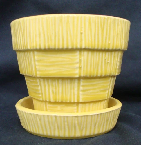 McCOY Yellow Pot Planter with Attached Saucer Yellow Basketweave VINTAGE