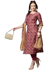 GoSriKi Women's Banarasi Silk Straight Printed Kurta with Pant & Dupatta