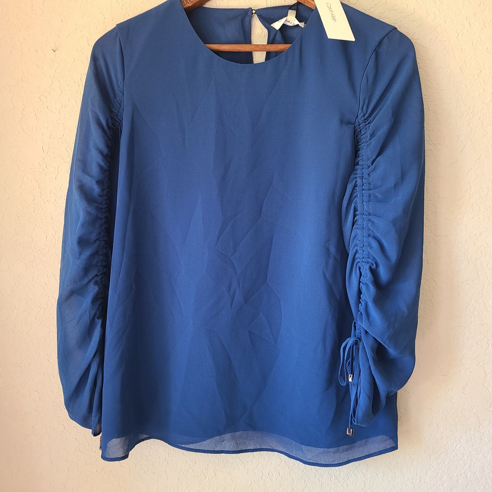 Calvin Klein Womens XS Chiffon Crew Neck Sheer Rouched Long Sleeve Blouse Teal