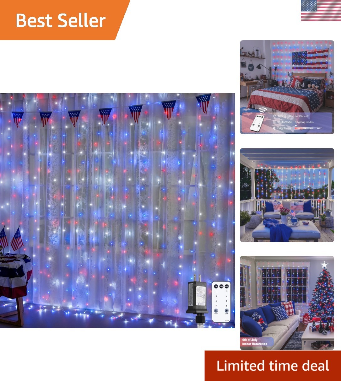 300 LED Red White Blue Curtain Lights with Remote Waterproof 9.8ft for 4th of July