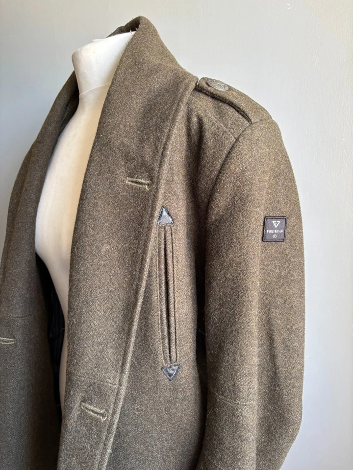 ABRIGO FIRETRAP lana militar 38 40 corte medio delgado verde caqui ejército LEÓN italiano Foto 3 de 4