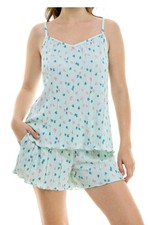 Roudelain Women's 2-Pc Pleated Satin Short Pajamas Set - Petals Blue - Large
