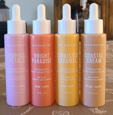 Spa Scentials Body Perfume Oil 4 Pc Set Tropical Paradise Coastal Cream Sunkiss