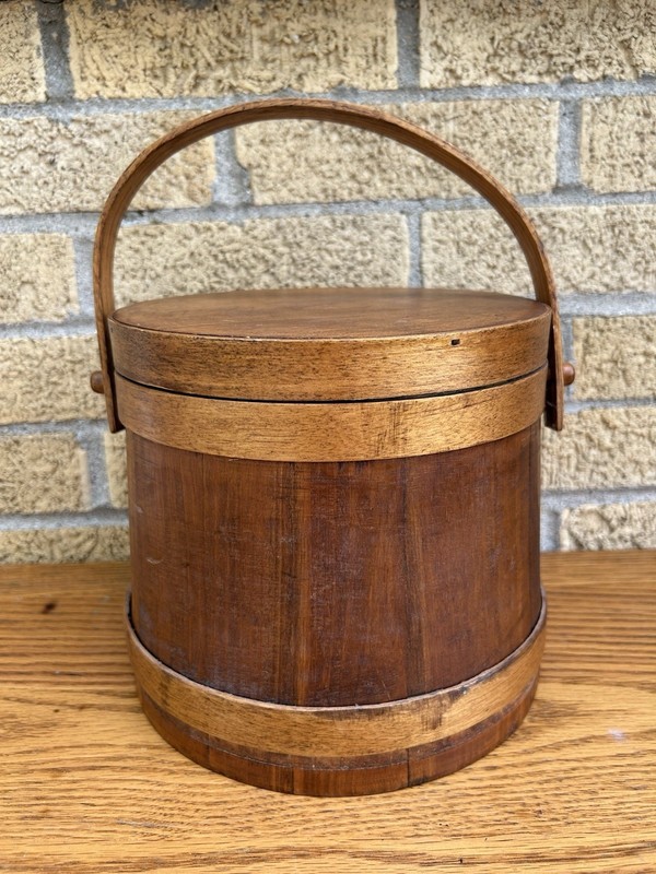 Primitive Ohio Bent Wood Handle Wooden Firkin w/Lid Original Old Worn Finish