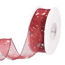 Star Ribbon Silver Stars Print Trim Sheer Ribbon 1-4/7" x 10Yards Wine Red