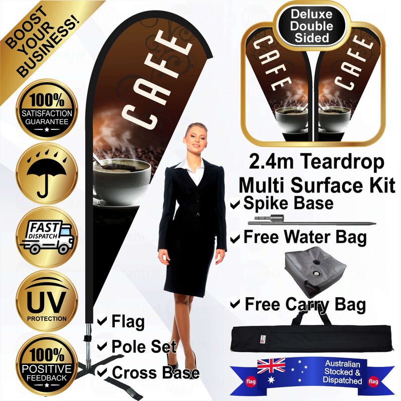 K - CAFE Deluxe Double-Sided Brown 2.4m Teardrop Flag / Banner Kit with Pole Set, Galvanised Steel Ground Spike, Steel Outdoor Cross Base, Free 15kg Water Bag and a Free Carry Bag - 1