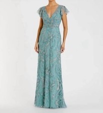 Mac Duggal V Neck Flutter Sleeve Embroidered Lace Gown Seafoam