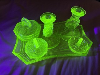 Vintage 1953 Sowerby Uranium Green Glass Dressing Table Set Pattern 2634 6 Piece