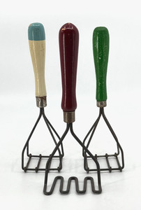 3 Antique VTG Toy Kitchen Masher Tools Utensils White Blue Green Red Wood Handle