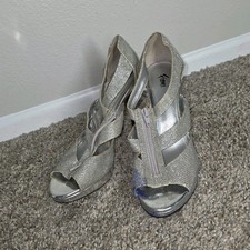 Fioni Strappy Silver Glitter Peep Toe Zip Heels Women's Size 7 EUR 38.5 UK 5.5