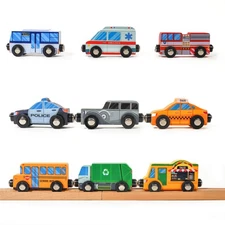 9 Piece Wooden Cars with Magnets - City Vehicles, Emergency Trucks, School Bu...