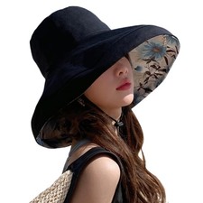 Women Summer Sun Hat Wide Brim Wired Edge Floral Beach Bucket Reversible UV