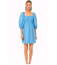 Tuckernuck Annie Smocked Mini Dress Womens Small Blue Puff Sleeve Square Neck