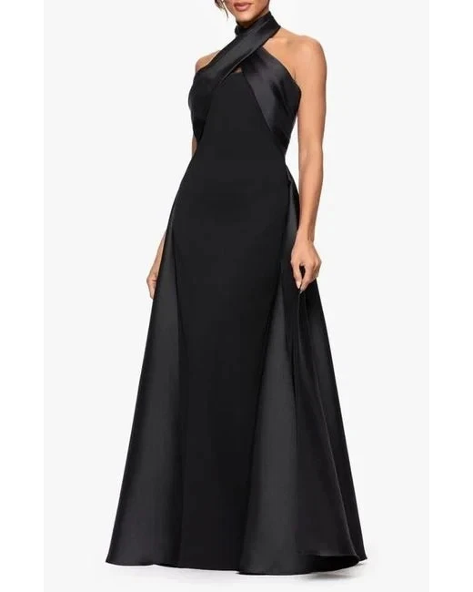 Betsy & Adam Black Twist Halter Neck Mikado Scuba Crepe Gown Size 6 $329 - Image 2 of 4