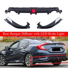 For 2016-2021 Honda Civic 4Dr Sedan Glossy Black Rear Bumper Diffuser Lip+LED