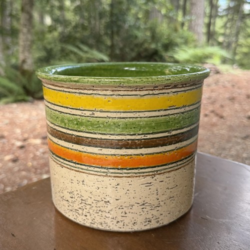 Aldo Londi Bitossi Ceramic Pottery Striped Planter 6” x 7” Green Orange Yellow