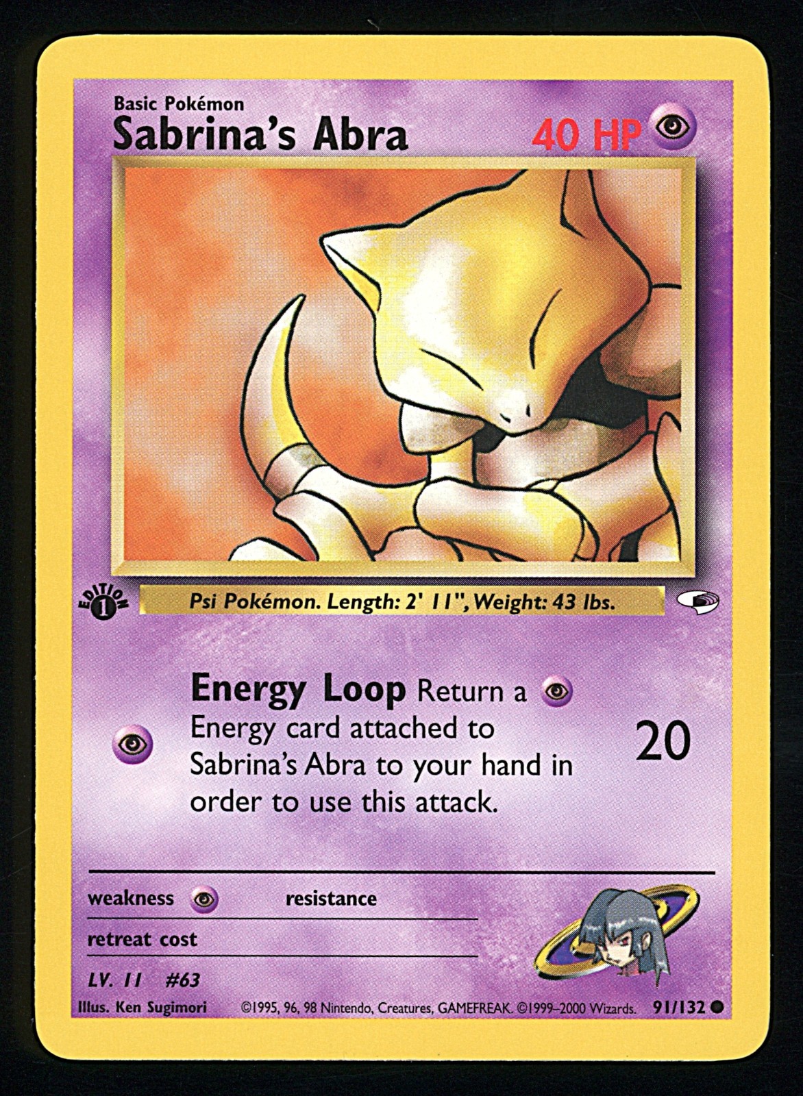 SABRINA'S ABRA 2000 Pokemon Gym Heroes 1st Edition #91 - NM