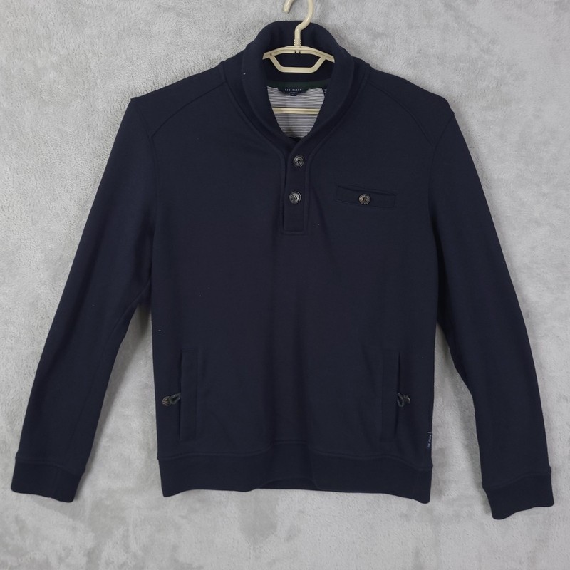 Ted Baker London Sweater Mens XL Navy Shawl Collar Button Mock Neck Pullover