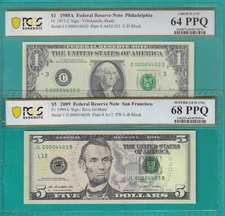 $1 and $5 2X Matching LOW Serial Number 4 Digit 00004403 PCGS Graded 68/64PPQ