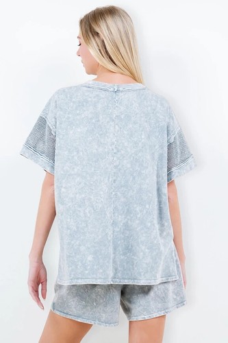 J HER INC MINERAL WASH MESH POCKET SLEEVE TOP SILVER GREY SIZE MEDIUM-SUMMER FUN - Picture 4 of 4