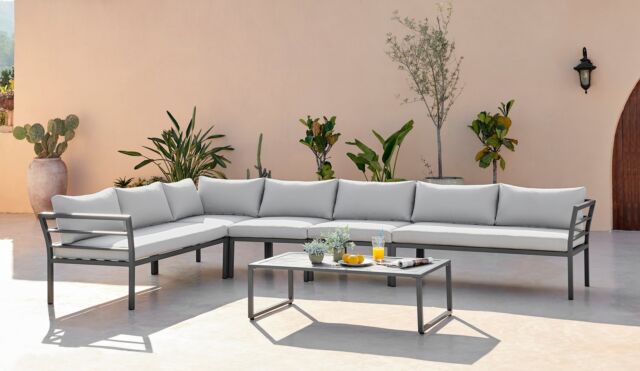 Furniturebox Montenegro Grey Outdoor 8 Seater Garden Minimalist Sofa & Table Set