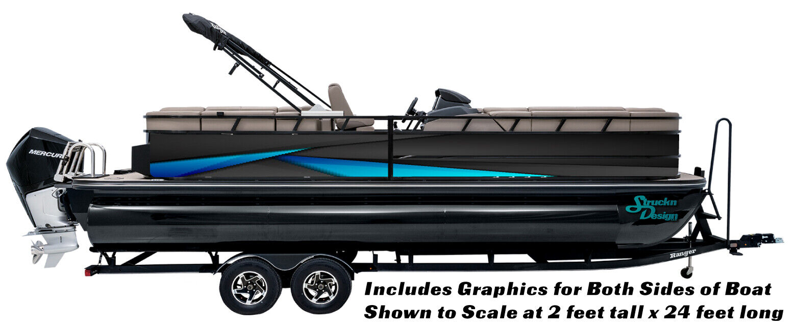 Blue Triangles Black Abstract Graphic Kit Decal Fishing Boat Wrap Pontoon  Vinyl