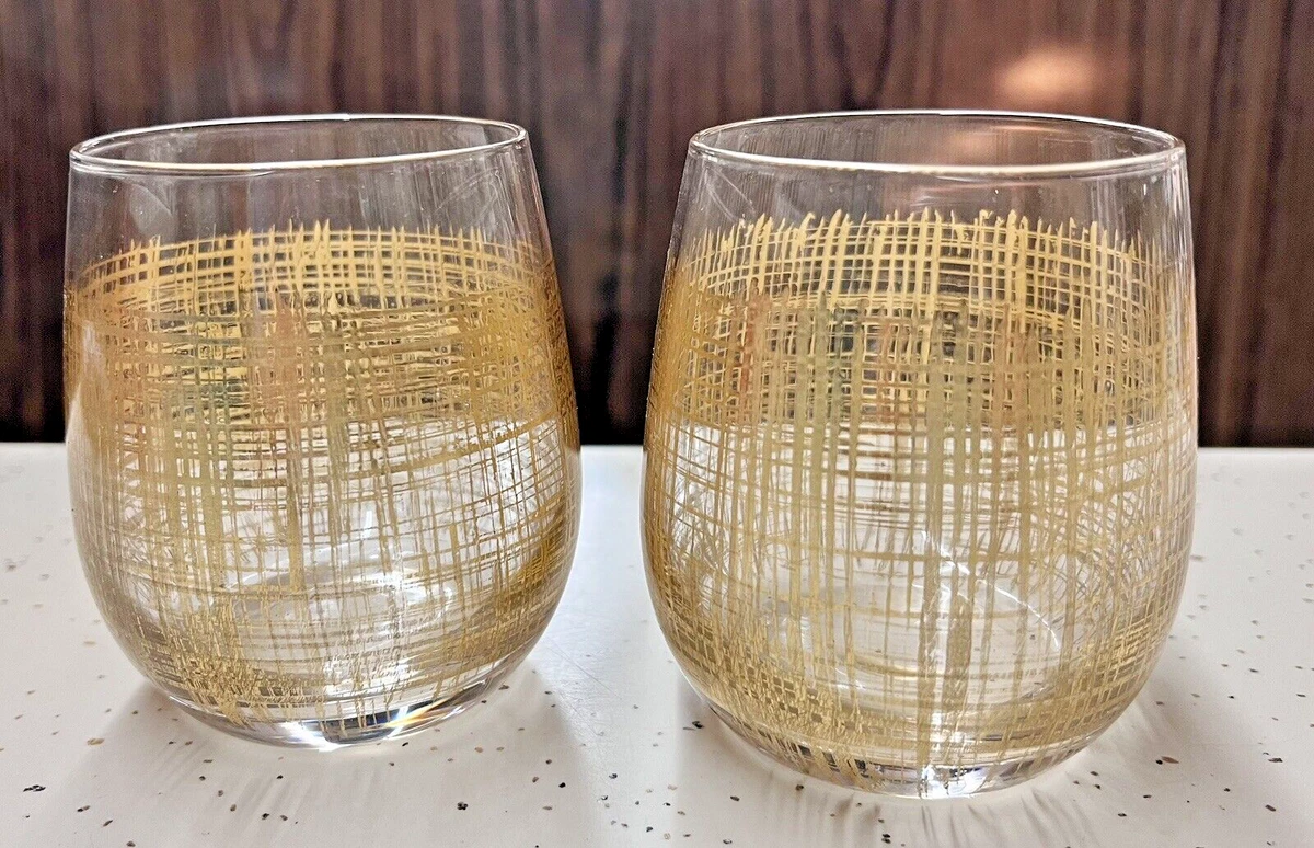 2 Hand Painted Stemless Wine Glasses Modern Expressions Shiny Gold Stripes NIB
