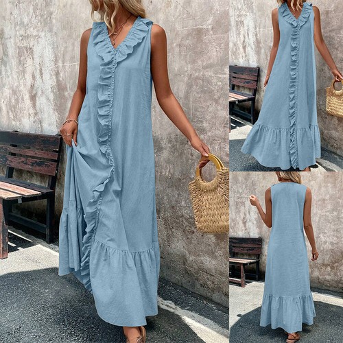 Women V-Neck Ruffle Sleeveless A-Line Dress Summer Casual Loose Holiday Dresses