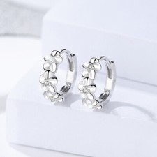 925 Sterling Silver 3 Flower CZ Huggie Hoop Loop Earrings Women Girl Gift UK