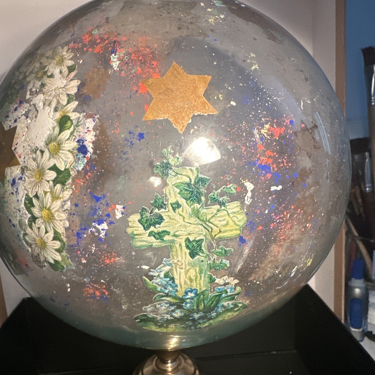 アンティーク雑貨 pocaliman Antique Clear Potichomania or Decalcomania Gazing Blown Glass Ball