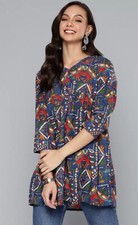 Tunic Wear; Women Blue  Orange Rayon Printed A-line Tunic Kurti