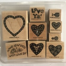 Stampin' Up Love Ya 1999 Wood Rubber Stamp Set of 9 Retired Hearts Ladybug