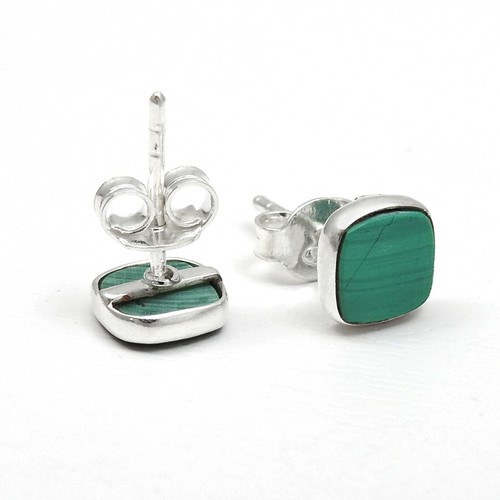 Natural Malachite Stud Heart Chakra Earrings 925 Silver Wedding Gift - Picture 4 of 9