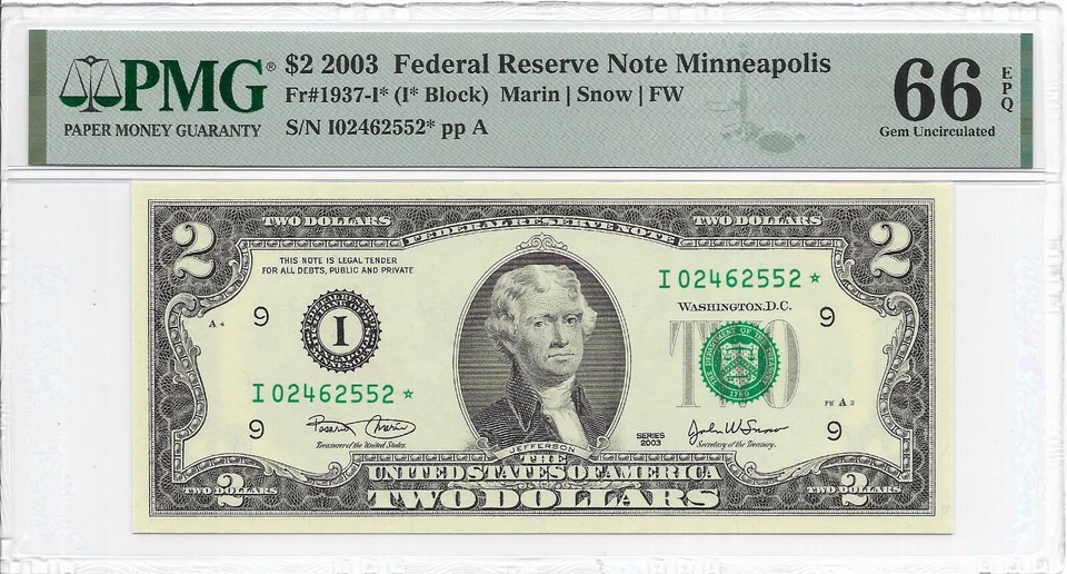 2003 $2 MINNEAPOLIS * STAR * ⭐️ FRNs. 3 PMG Gem Uncirculated 66 EPQ Banknotes. - Image 4 of 4
