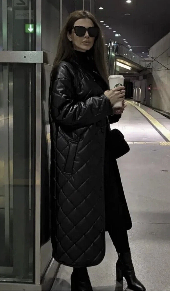 ZARA Black Long FAUX LEATHER PUFFER COAT with Snap Button