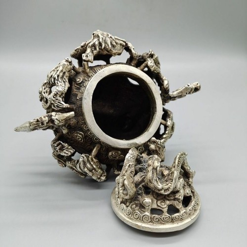 Antik Tibet Silber neun Drachen Räuchergefäß alt Stempel Dreibein Räuchergefäß Statue - Bild 5 von 8