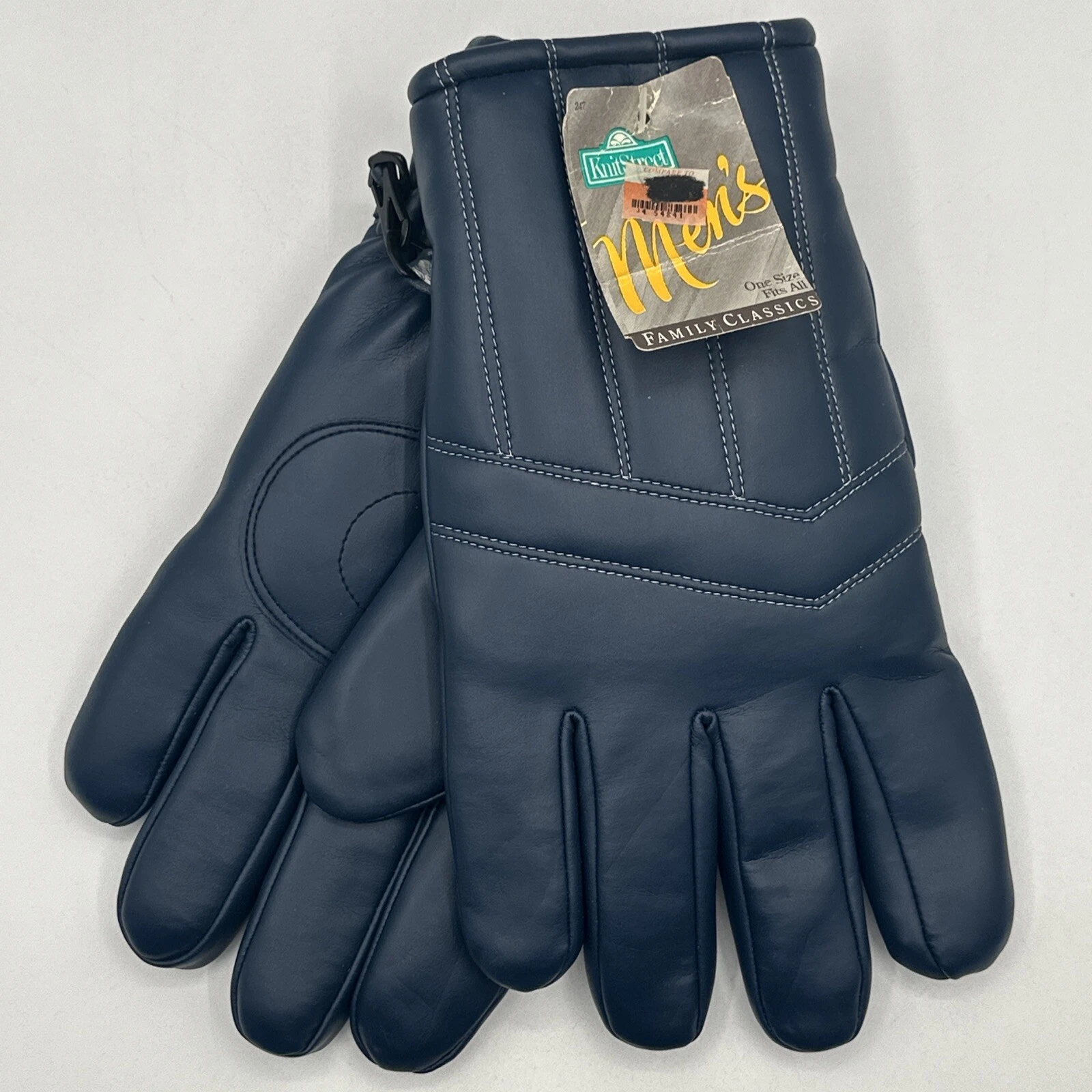 NEW Vintage MENS Knit Street Winter Gloves Navy Pleather Large 80s 90s