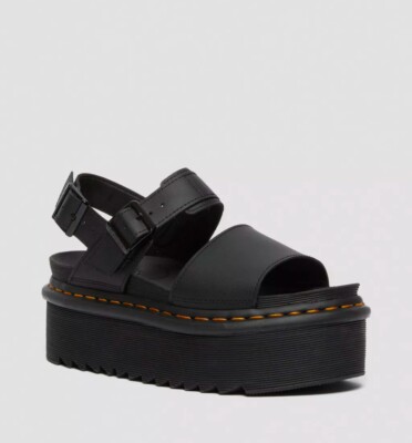 Dr. Martens Voss Quad Black Hydro Leather Platform Doc Sandals - Women s Size 7