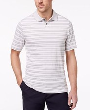  244 Tasso Elba Mens Classic-Fit Gray White Stripe Short Sleeve Polo Top Shirt L