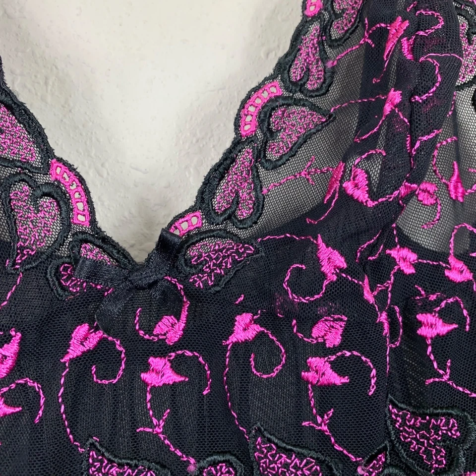 Lencería Fantasy Negra y Rosa Floral Bordada Babydoll Top Talla Pequeña Foto 4 de 4