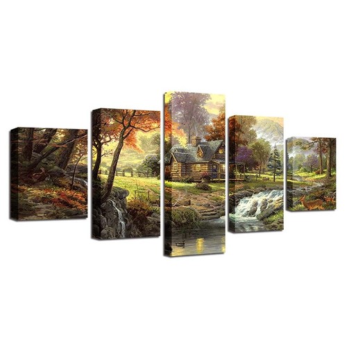 Forest Trees House Stream Landscape Canvas Print Painting Wall Art Home Decor 5P - Picture 5 of 5