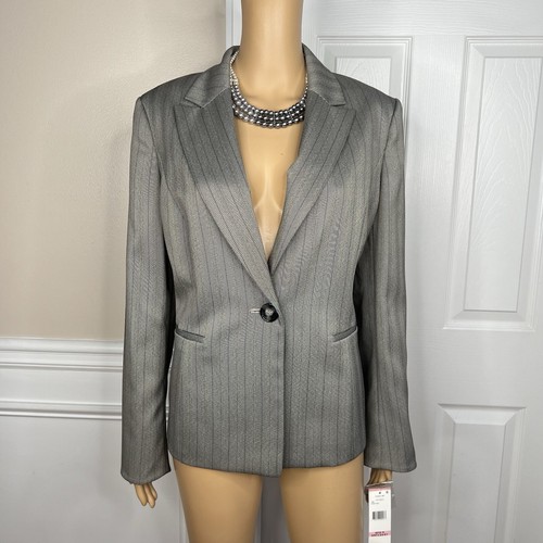 Le Suit Polyester Pant Suit Size 10 Sand Striped Peak Collar Business 2PC New - Picture 3 of 9