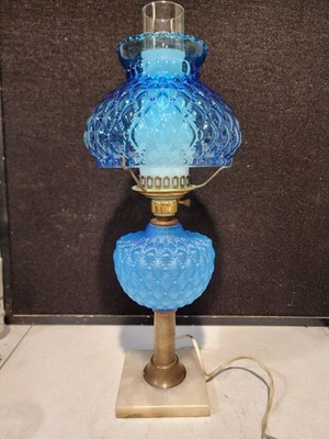 Vintage Blue Glass Quilted Pattern Hurricane Electric Lamp Marble Base