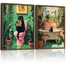 2 Pcs Wooden Framed Green Plant Bathroom Black Cat Wall Art Animal Bathroom D...